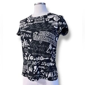 VICTORIA’S SECRET Black Crew Neck Short Sleeve Top  All Over Graffiti Print NWT